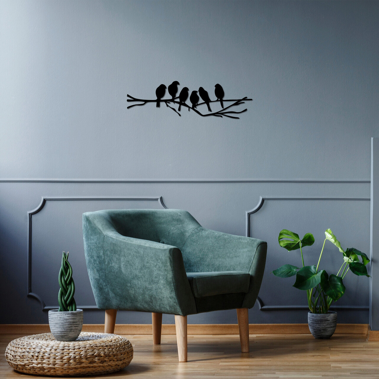Decoratiune de perete, Birds On The Branch, Dimensiune: 21 x 70 cm, Negru - imagine 6